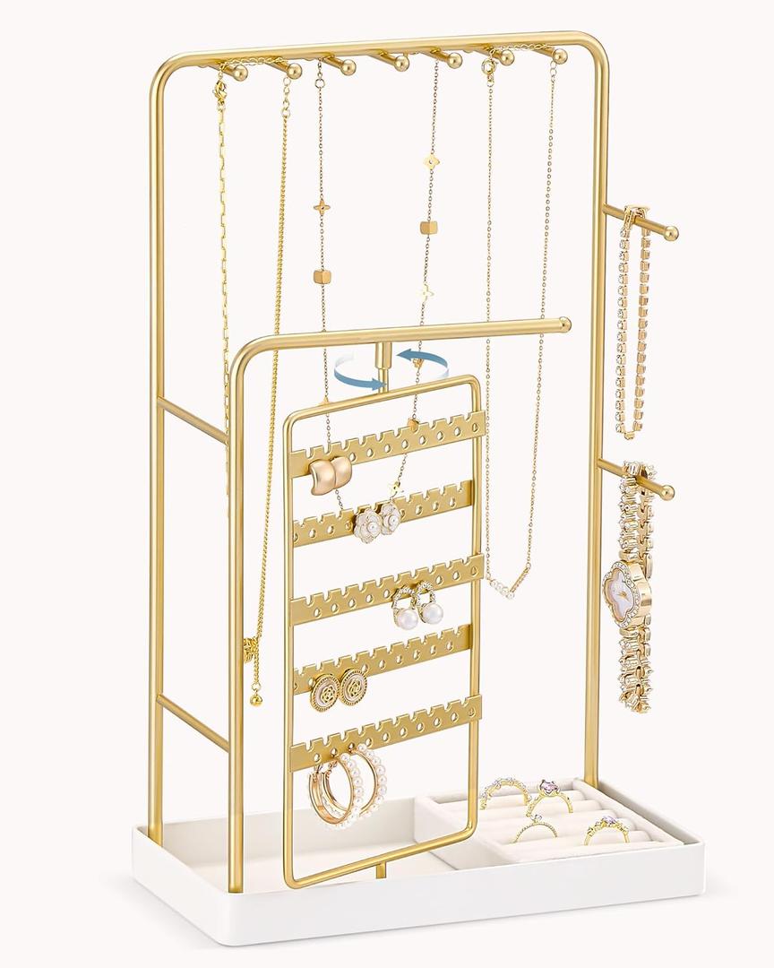Lolalet Jewelry Organizer Stand, No Assembly Needed Display Storage with Rotating Earring Holder for Necklace Bracelet Rings, Galentines Valentines Gifts Room Dorm Decor for Women Girls -Gold