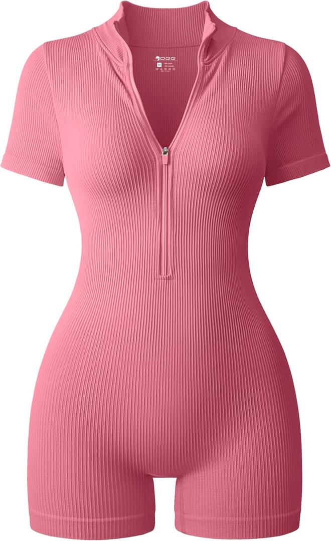 OQQ Women Rompers Ribbed Short Sleeve Zip Front Stretch Tummy Control Yoga Workout Rompers (Small, Dry Rose)