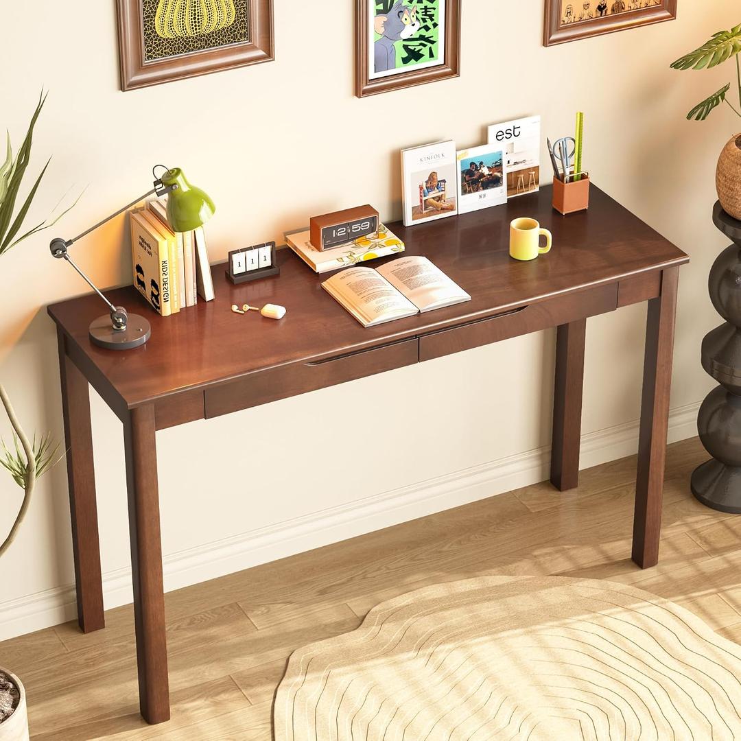 100% Solid Wooden Desk with Drawers - 47 x 16 Inch Mid Century Narrow Desk, Vintage Writing Desks with Drawers, Simple Work Study Table, Small Desks for Small Spaces, Walnut Color, 47.2 in W x 15.7 in D