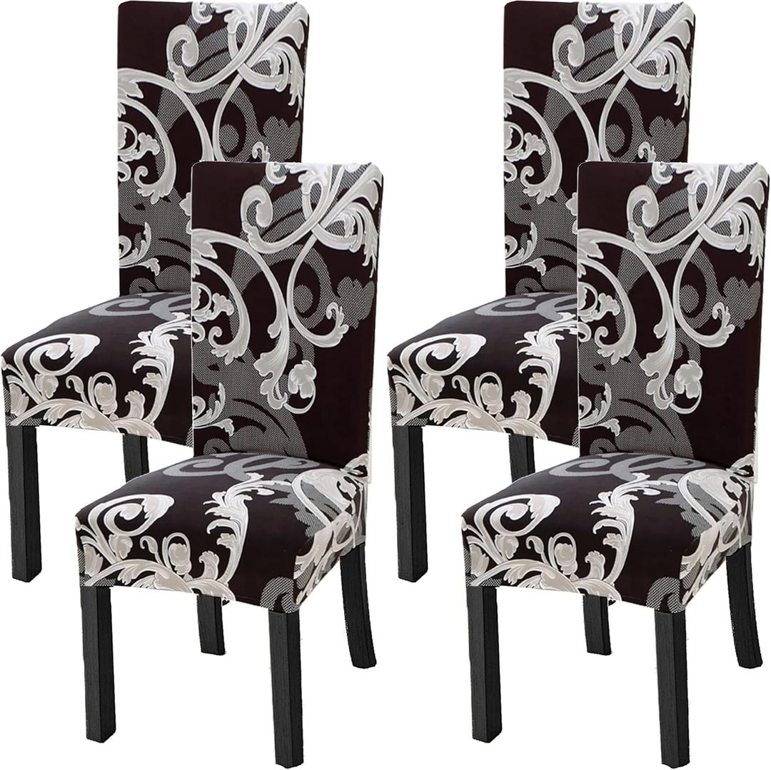 Chair Covers for Dining Room Set of 4 Pack Slipcovers High Back Chairs Cover Stretch Slipcover Flower Dark Brown
