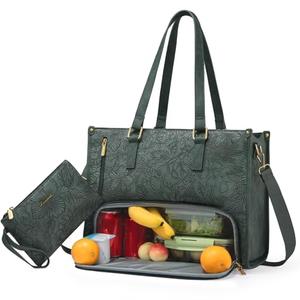 LOVEVOOK Lunch Tote Bag for Women, 15.6 Inch Laptop Bag with Insulated Lunch Compartment, Quilted Large Capacity Computer Handbag with Purse for Business, Work, Collage, Office, Casual, Beige-black