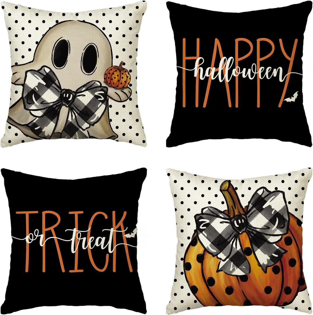 AVOIN colorlife Happy Halloween Cute Ghost Trick or Treat Throw Pillow Covers, 18 x 18 Inch Polka Dot Pumpkin Bat Cushion Case for Sofa Couch Set of 4, Black