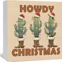 Howdy Christmas Western Cactus Cowgirl Boots Wooden Box Sign, Country Christmas Wood Signs For Home Office Desk Shelf Table Decor, Western Decorations, 6x6 Inch (color-8)
