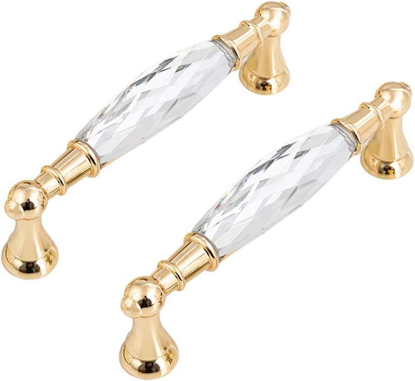 2 Pack Crystal Drawer Pulls Handles Clear Crystal Cabinet Pulls Gold Drawer Knob Pull Glass Dresser for Bathroom Cupboard Knob (2, 5" Hole to Hole)