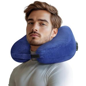 Travel Pillow Inflatable Neck Pillow Airplane Pillow with Velvet Cover Inflatable Pillow for Car/Train/Plane (Blue, M)