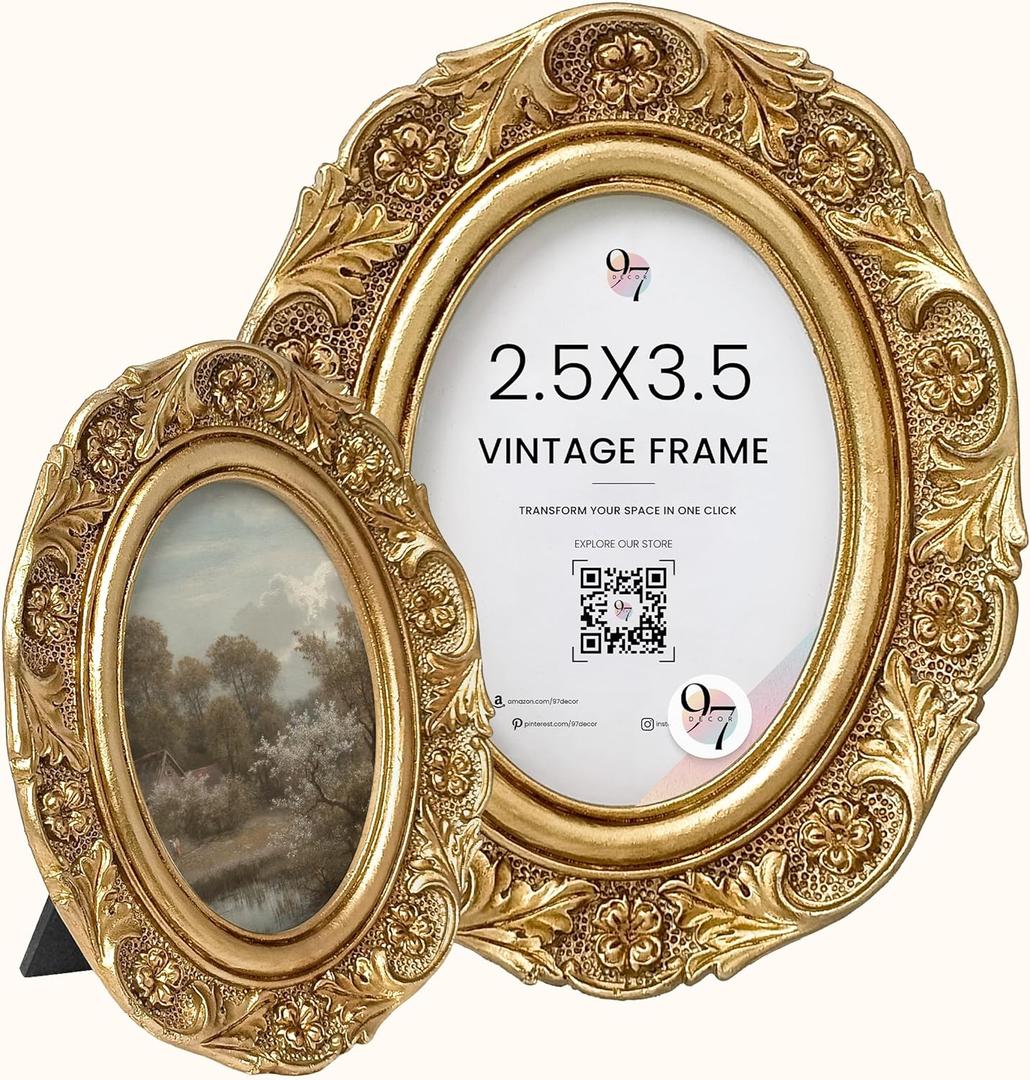 97 Decor Small Vintage Picture Frames 2.5x3.5 - Oval 2.5 x 3.5 Picture Frames For Wallet Size Pictures, Antique Gold Frame 2.5x3.5 For Tabletop and Wall Mounting, Small Ornate Frame Vintage Wall Decor