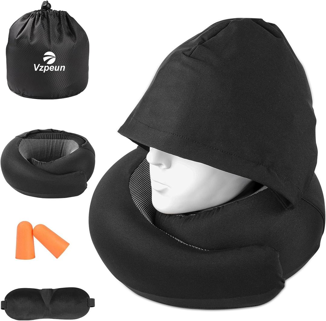Travel Pillow - Hooded Neck Pillow Airplane Memory Foam Filling for Plane, Office, Cars Sleeping, Road Trip, Long Flights, Portable Plane Accessories, Includes Eye Mask & Earplugs (Black)