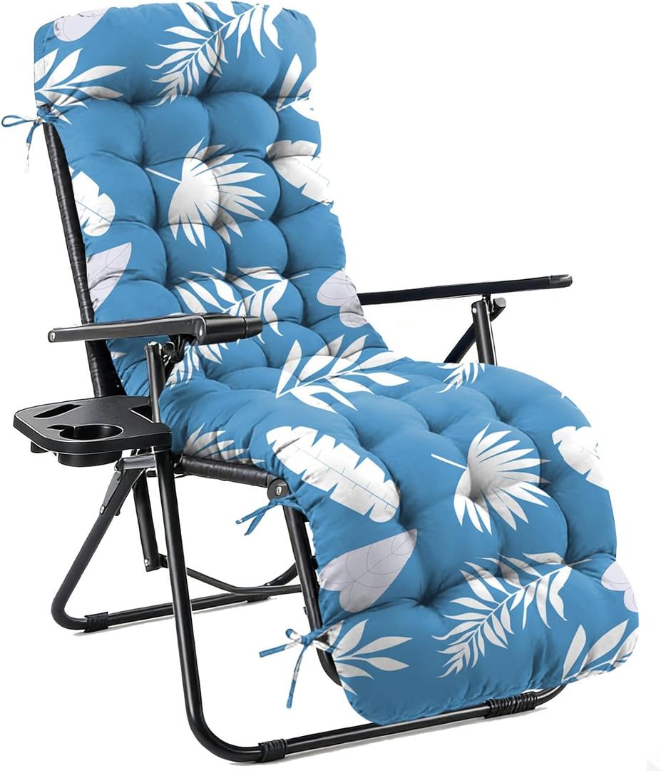 Outdoor Chaise Lounge Chair Cushion Waterproof 66 x 21 x 4 Inches Cotton Zero Gravity Chair Cushions with Ties, Soft Thickened Lounge Chair Cushions for Indoor Outdoor Furniture (Blue Leaves)