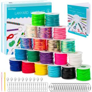 Lanyard String, 20 Rolls Gimp String, Plastic Strings Lacing Cord, Boondoggle Strings Kit 1200 Feet and 52Pcs Keychain Lanyards Accessories for Keychain Crafts, Bracelet with Instruction Box