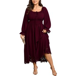 SCOMCHIC Womens Plus Size Maxi Dress Long Sleeve Square Neck Smocked Wedding Guest Flowy A-Line Hollow Out Long Dresses (Burgundy) 2XL