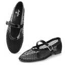 Ankis Mesh Ballet Flats for Women, Black Mesh Flats Buckle Strap Mary Jane Ballerina Flats Women's Fishnet Flat Sandals Shoes for Dressy Summer. Size 5