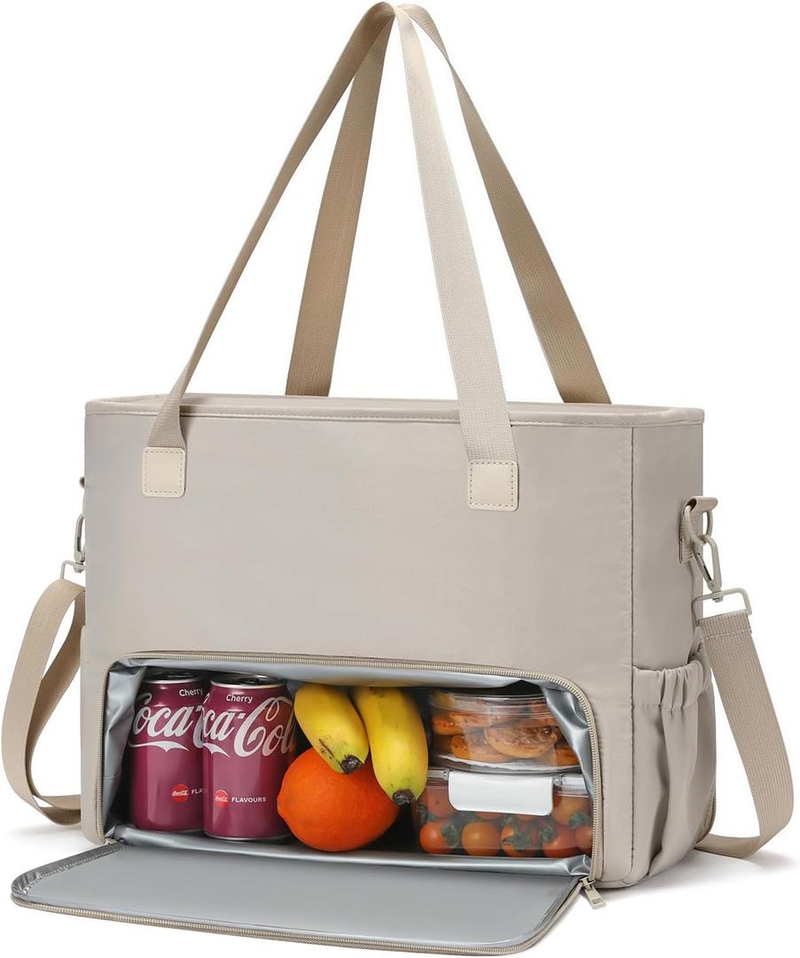 Lunch Tote Bag for Women with 15.6" Laptop Compartment, Work Tote Bag with Insulated Lunch Compartment, Large Casual Canvas Cute Handbag Luncg Bags for Nurse, Teacher, Office, Travel, Beach, Khaki