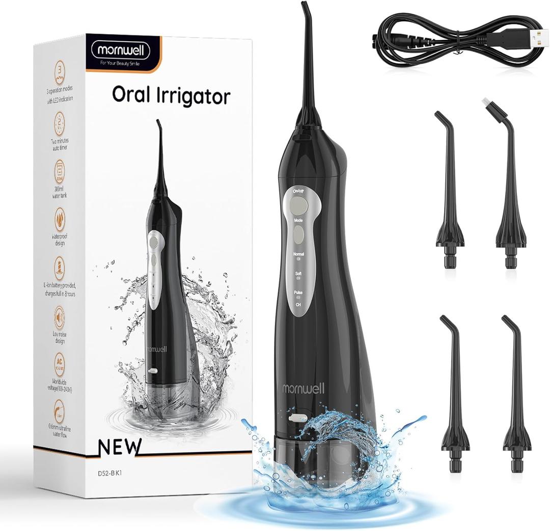 Water Flosser, Mornwell Water Flossers for Teeth - 330ML Tank USB Rechargeable Dental Flosser, IPX7 Waterproof 3 Modes & 4 Jet Tips Portable Dental Oral Irrigator,Professional Water Flosser (XX-Large, Black)