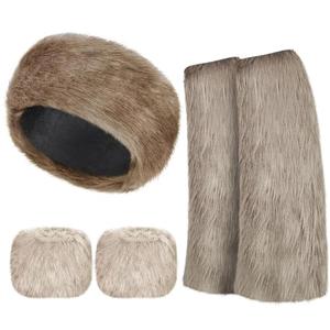 SATINIOR 3 Pieces Faux Fur Headband Set Ear Warmer Headwrap Furry Wrist Cuff Leg Warmers Boot Cuff Accessories for Girls (Mixed Khaki)
