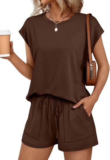  Two Piece Set for Women Summer Spring Outfits Cruise Travel Airport Beach Vacation Mock Neck Wide Leg Pants Set (Brown, M)