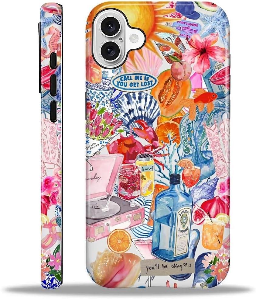 Compatible with iPhone 16 Case - Hybrid Heavy Duty 2 in 1 Full Body Rugged Shockproof Protection Glossy Case for iPhone 16 - Coastal and Fruity Summer Collage