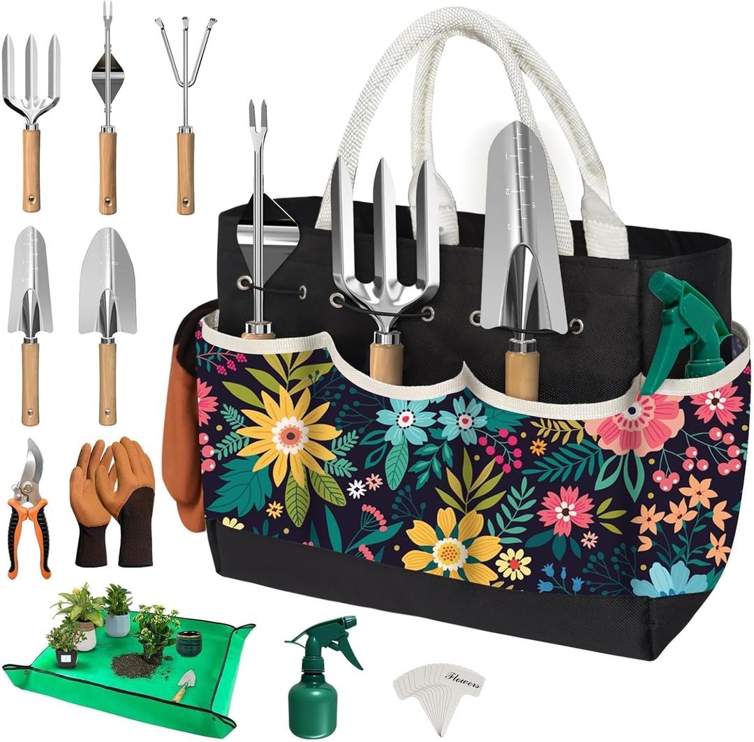 22Pcs Gardening Tools Set for Women Heavy Duty Garden Hand Tool Kit Garden Gifts for Mothers Day Mom Beginner Gardening Accessories with Tote Bag/Shovel/Repotting Mat/Plant Labels/Gloves-Black