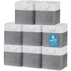 meekoo 8 Pack Collapsible Storage Bins Fabric Storage Bins Polyester Fabric Baskets with Handles Linen Closet Organizer for Shelf Home Closet Towels Toys(12 x 12 x 12 in,Gray White)