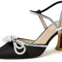 Susanny Women's Closed Toe Rhinstone Wedding Low Heel Slingback Clear Kitten Heels,Adjustable Strap Pointed Toe Bow Pumps High Heeled Prom Dress Shoes 8