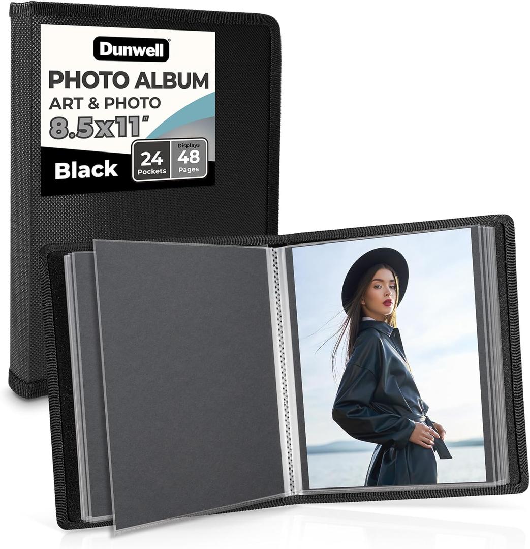 Dunwell Art Portfolio 8.5x11 Folder (Black), Mounting Paper, Portfolio Binder for Artwork, 8.5 x 11 Art Folder, 24 Pockets Display 48 Pages, Acid-Free Poly Presentation Book