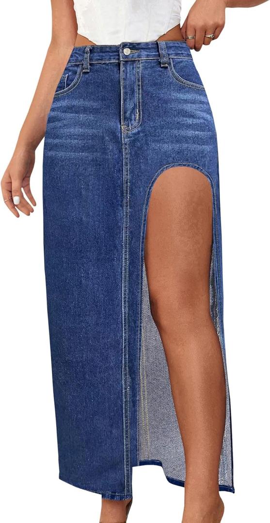 SEMATOMALA Women's Thigh High Split Maxi Denim Skirt High Waisted Cut Out High Low Asymmetrical Jeans Long Skirts ZQ-XL Blue