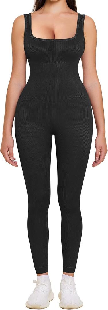 TrainingGirl Womens One Piece Workout Jumpsuits Square Neck Tank Tops Rompers Ribbed Sleeveless Exercise Unitard Yoga Bodycon (Black, XXLarge)