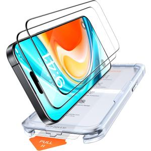TORRAS 12FT Military Grade Shatterproof for iPhone 16 Screen Protector [9HUnbreakable, Longest Durable], 1:1 Full Coverage Invisible Fit tempered glass screen protector 16, One-Pull Install 2 Packs