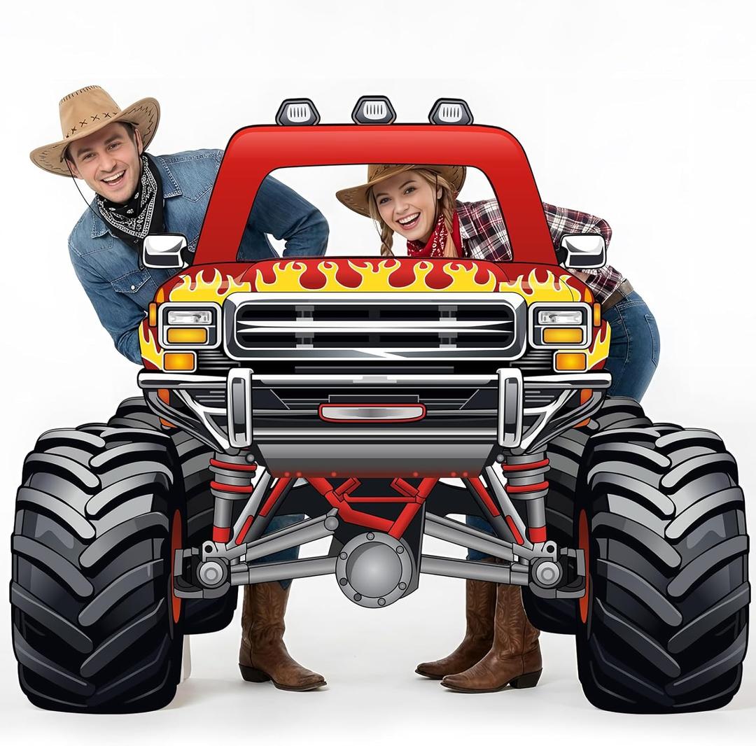 Capoda Monster Truck Cardboard Photo Prop 60x48 Inch Large Racing Car Photo Cutout Stand Up Backdrop with Face Hole Flame Off-Road Vehicle Prop for Birthday Party Decorations(Red Truck)