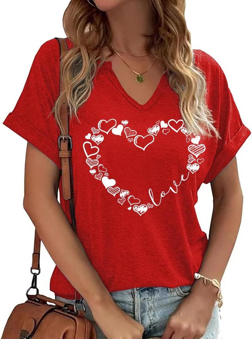 Womens Short Sleeve V Neck T-Shirts Love Heart Printed Valentina's Day Shirts Graphic Tees (Medium, 5 Red)