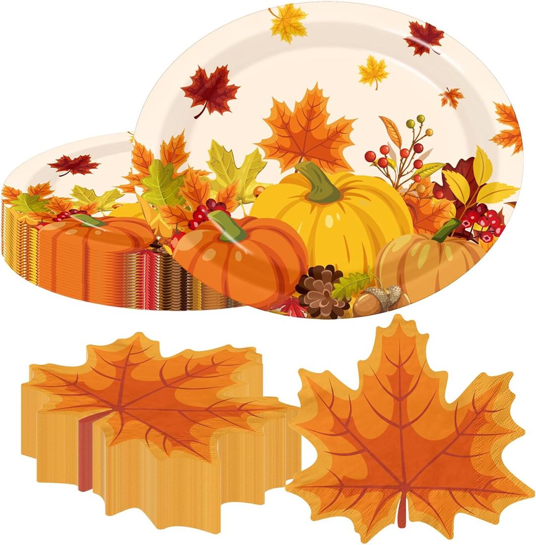 Fall Party Decorations Plates and Napkins, 100 Pcs Autumn Plate and Napkins include Oval Pumpkin Paper Plates,Maple Leaf Napkins for Fall Theme Party Thanksgiving Supplies