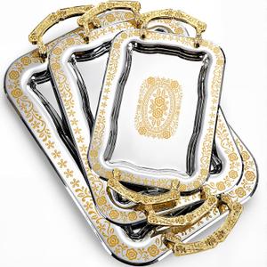 3 Pack Metal Serving Trays with Handles, Decorative Floral Platter Trays for Coffee Tea, Food, Dessert, Jewelry, for Buffet Wedding Party Kitchen Home Decor(Elegant,Silver, Gold)