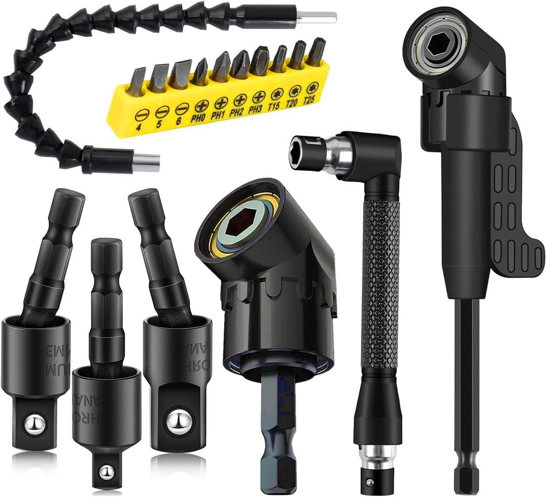 17pcs Flexible Drill Bit Extension, Include 3pcs Rotatable Socket Adapter 2pcs Hex Shank 105 Right Angle Drill Attachment 10 Short Screwdriver Bits Bendable Extension and 90 Angled Bits