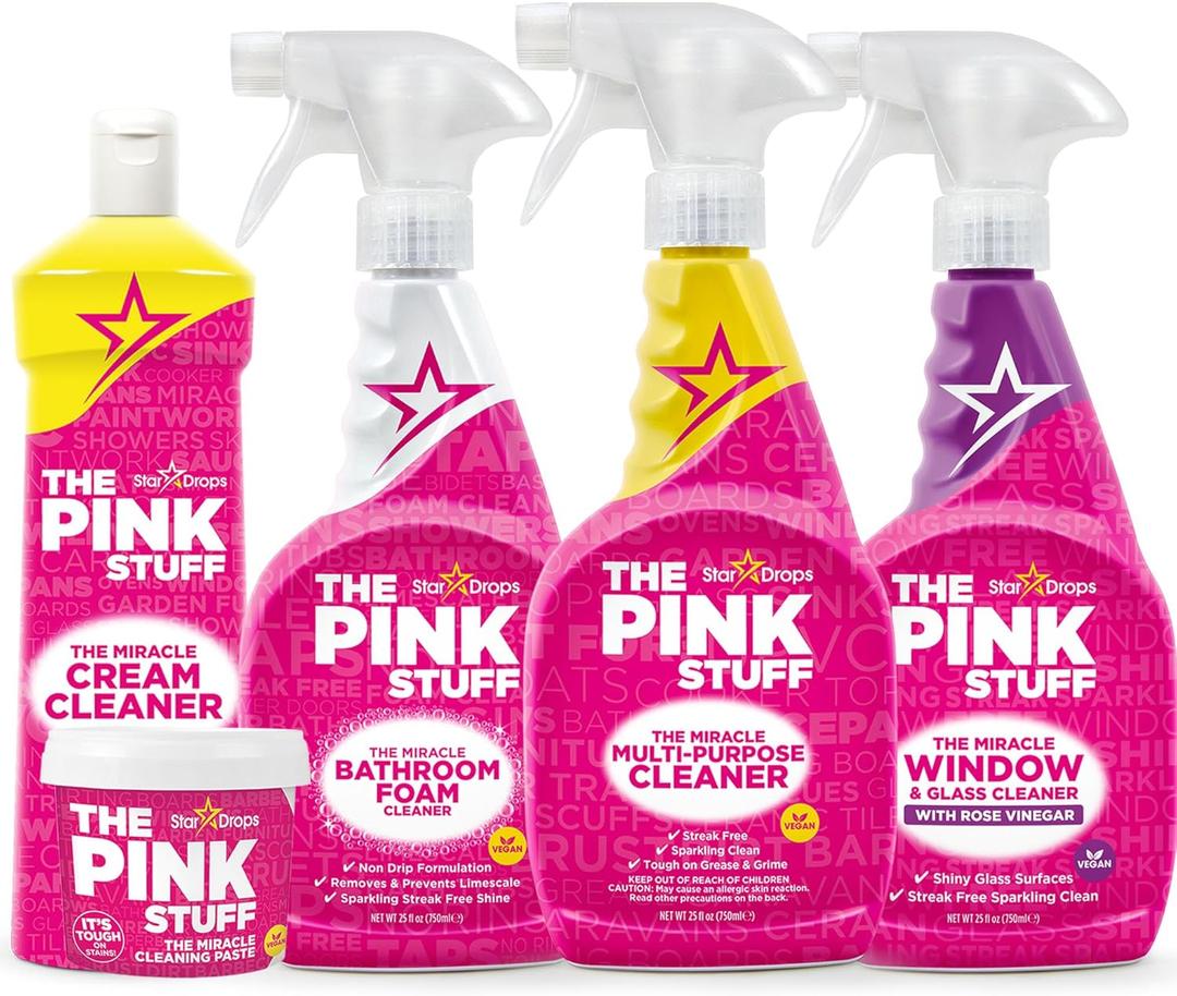 Stardrops The Pink Stuff Miracle Cleaning Bundle Multi-Purpose Paste, Spray, Bathroom Foam Cleaner, Window & Glass Cleaner, and Cream Cleaner Complete All-Purpose Home Cleaning Kit