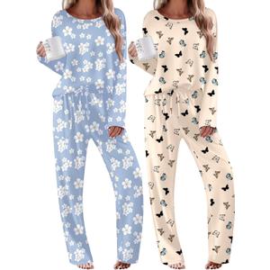 Ekouaer 2 Pack Womens Pajama Sets Long Sleeve Sleepwear Long Pants Loungewear Soft Pjs Set with Pockets (Medium, Light Blue Daisy/Apricot Butterfly)