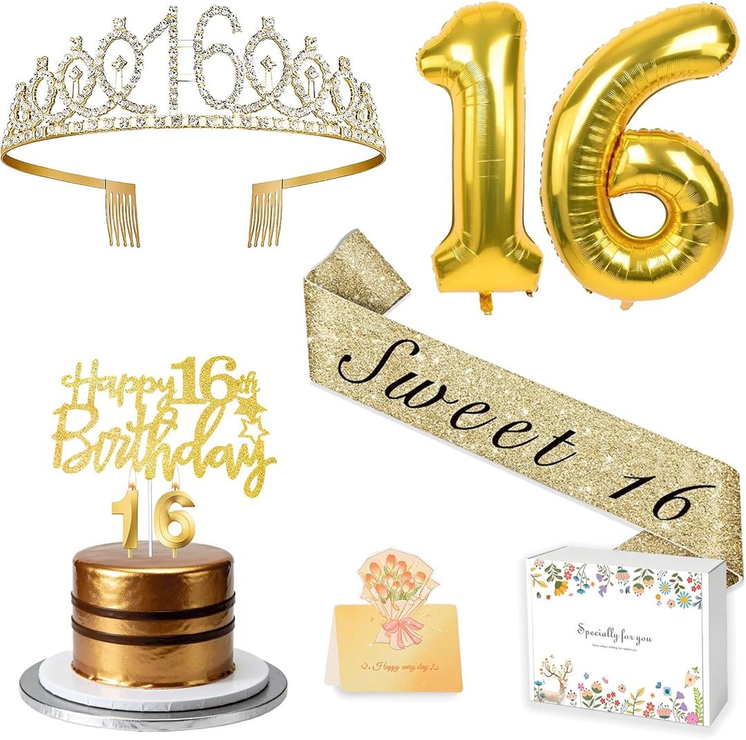 Sweet 16 Birthday Party Decorations for Girls, Sweet 16 Sash and Crown, Cake Toppers, Birthday Card, Number Candles and Balloons, 16th Birthday Gifts for Girls