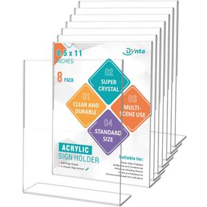 Acrylic Sign Holder 8.5x11, 8 Pack L-shape Flyer Document Menu Holder, Clear Plastic Paper Holder Slanted Back Frame Display Stands for Weddings Retail Photo Store Table Party