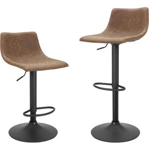 Finnhomy Bar Stools Set of 2 Counter Height, Swivel Barstools with Footrest and L Shape Back, Height Adjustable Modern Bar Chairs, Vintage Leather, Retro Brown
