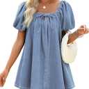 Denim Dress for Women, Puff Short Sleeve Jean Dress Square Neck Denim Romper with Pockets
(L)