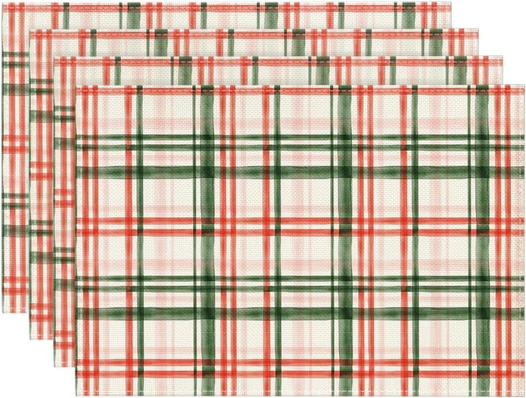 Artoid Mode Red Green Buffalo Plaid Christmas Placemats Set of 4, 12x18 Inch Seasonal Winter Table Mats for Party Kitchen Dining Decoration