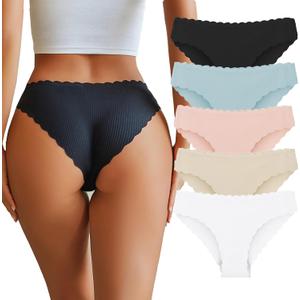VKME Cotton Underwear for Women Seamless No Show Bikini Breathable Hipster Wavy Sides Invisibles Cheeky Panties 5 Pack (S)
