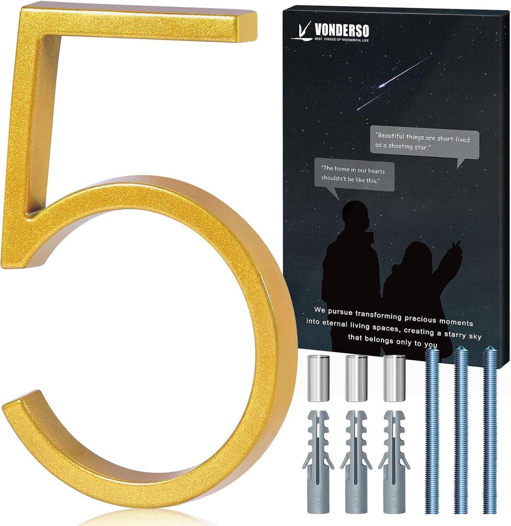 VONDERSO 6 Inch Floating House Numbers for Outside,Modern Metal Address Number 5,Durable Weather-Resistant Gold Powder Coated Finish,No Fading (Gold)