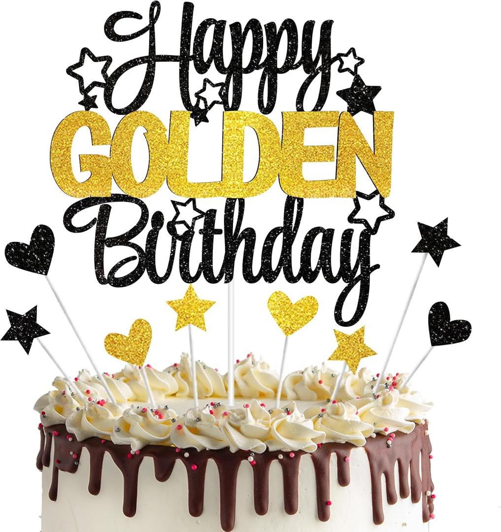 9pcs Happy Golden Birthday Cake Topper - Golden Birthday Party Decorations for Kids Adults, 10th 13th 14th 16th 18th 30th 50th 60th Cake Decorations