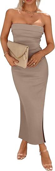 PRETTYGARDEN Women's Summer Bodycon Maxi Tube Dress Ribbed Strapless Side Slit Long Going Out Casual Elegant Party Dresses (Khaki, Small)