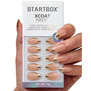 BTArtbox Press On Nails Short - Gilded Countdown, Lamp-Curable Gold French Tip Almond Press On Nails with Glue and Adhesive Tabs for Women in 16 Sizes - 32 Soft Gel Glue On Nails Kit