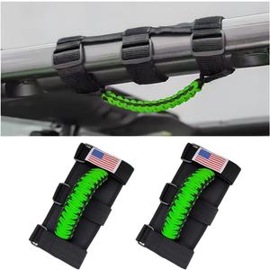 2PCS Car Roll Bar Grab Handles, Oxford Cloth American Flag ATV Paracord Grip Handle with Metal Buckle, Heavy Duty UTV Roll Cage Grab, Compatible with Wrangler JL, JT, JK (Fluorescence Green)