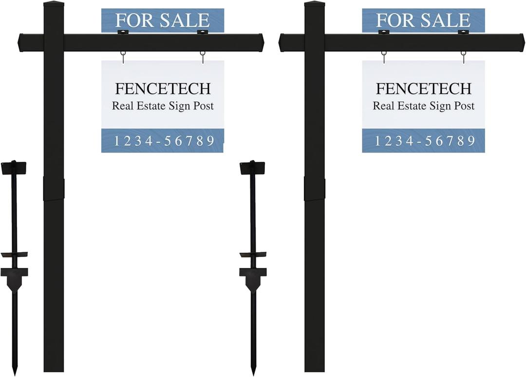 Vinyl PVC Real Estate Sign Post 6' Tall, Realtor Yard Sign Post (Connected type), 47" Arm Holds Up to 36" Sign - Black (No Sign) - 2-Pack