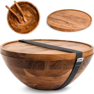 Public House Large Wooden Salad Bowl Set 12.5 Inch with Serving Utensils, Tray Lid and Carry Strap. Acacia Wood Large Salad Bowls Ideal for Fruits and Dishes, Wooden Bowls for Food, Serving Bowl (Natural)