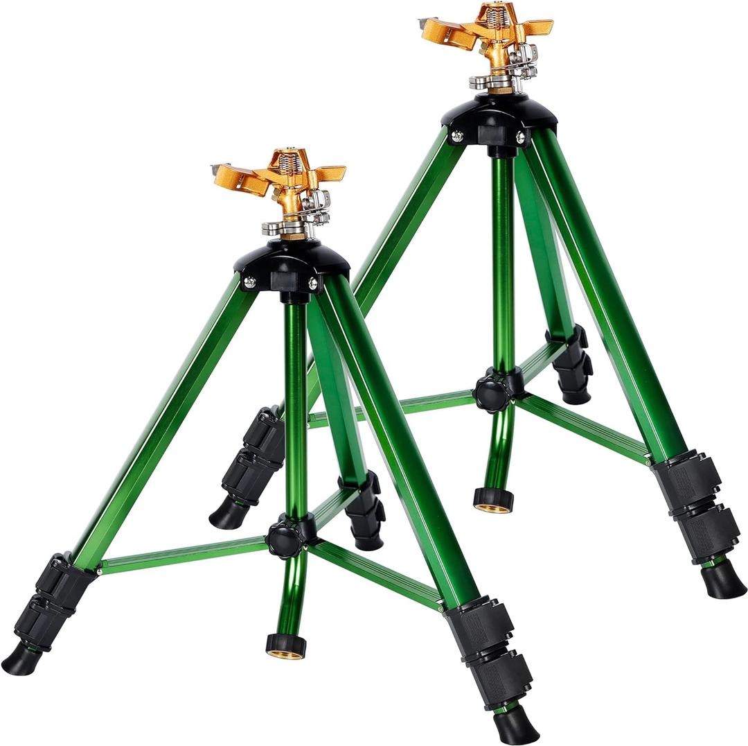 Biswing Impact Sprinkler Head on Tripod Base, Heavy Duty Lawn Sprinklers, 360 Degree Large Area Irrigation, Brass Sprinkler Nozzle & Solid Alloy Metal Extension Legs Flip Locks, 2 Pack
