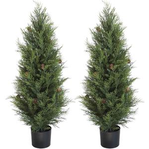 UV Resistant 3ft Artificial Cedar Topiary Trees Faux Cedar Bush with Pine Cone Indoor&Outdoor use for Garden Decor(Set of 2)