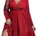 IN'VOLAND Plus Size Womens Glitter Dress V Neck Long Sleeve Ruffle Hem Swing Club Cocktail Party Dresses, 26 Plus